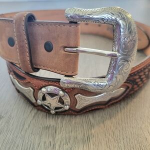 Justin Boots Odessa Star Vintage Tan Leather Western Chrome Buckle Mens Size 36